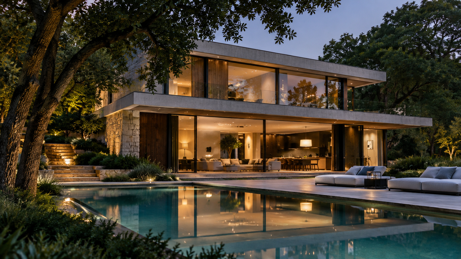 Modern home with warm interior lighting